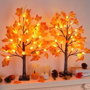 Lot de 2 arbres d'érable artificiels en plastique éclairés par batterie de 24 pouces avec 48 LED, minuterie, décorations de fête d'automne et de Thanksgiving - Product Image 3
