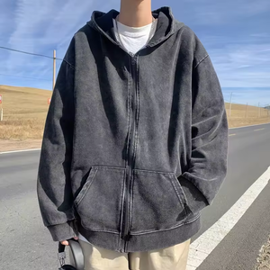 Sweat à capuche zippé vert olive délavé sur mesure pour homme, coupe oversize à épaules tombantes, style vintage streetwear - Product Image 6