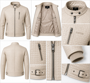 Men's Quilted PU Leather Moto <b>Jacket</b> Stand Collar Zipper Closure Slim Fit Regular Length Autumn Style Solid Color - Product Image 5