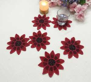 A set of 6 handmade red flower-shaped beaded coasters. - Product Image 4