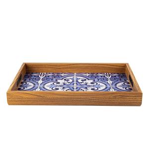 Plateau décoratif rectangulaire imprimé motif azulejo bleu et blanc, plateau de service artisanal en bois de manguier pour commande en gros - Product Image 6