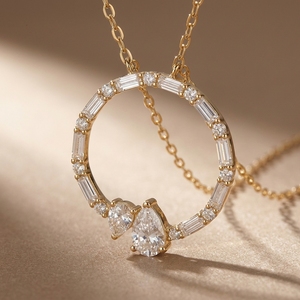 Handcrafted 14K 18K Yellow Gold Diamond Jewellery Circle Pendant Necklace Featuring Pear Cut and Baguette Cut Lab Grown Diamonds - Product Image 1