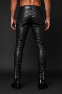 Premium Genuine Leather Pants Men Slim Fit <b>Black</b> Clubwear Two Way Front Zipper Five <b>Pocket</b> Ankle Zipper Custom OEM Wholesale - Product Image 3