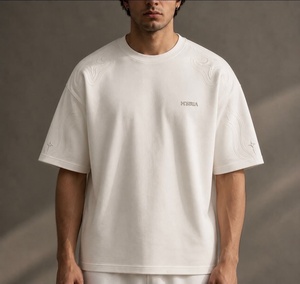 T-shirts vierges 100 % coton épais, blancs unis, personnalisables, pour hommes, coupe oversize, col rond, prix de gros - Product Image 2