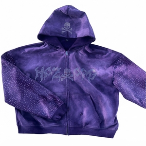 Sudadera con capucha extragrande morada con pedrería para hombre, con cremallera, estilo urbano, forro polar, estampado de calavera, logo frontal, corte regular, para otoño - Product Image 1