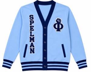 Cárdigan Bordado de la Hermandad Spelman College, Suéter de Punto Azul Claro con Cuello en V y Mangas Largas para Mujer, Estilo Preppy con Adornos - Product Image 1