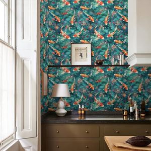 Carta da Parati Adesiva Vintage con Acquario Blu Verde Arancione e Fiori Viola Rosa, Adesivo Murale Effetto Acquerello - Product Image 2