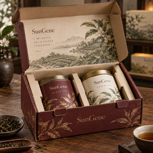 กล่องกระดาษลูกฟูกพิมพ์ลาย SunGene สำหรับใส่กระป๋องชาใบหลวม สีแดงอมน้ำตาลและสีน้ำตาลคราบหมึก - Product Image 2
