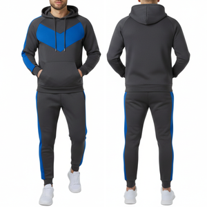 Ensemble de survêtement gris et bleu roi pour homme, best-seller – Sweat à capuche Chevron V-Shape Color Block avec pantalon assorti - Product Image 3