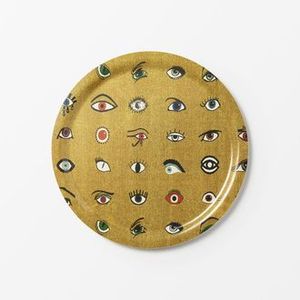 Round Metal <b>Serving</b> Plate With Floral Pattern Color Enamel Bohemian Design <b>Gold</b> Trim - Product Image 2
