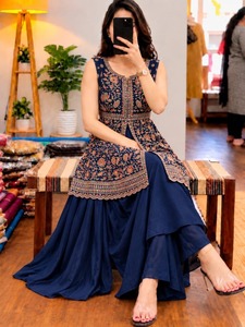 Shivam Hub Blue Floral Sharara Suit <b>Women</b> Loose Fit Cotton Quick Dry Elegant All Seasons <b>Kurta</b> Palazzo Embroidered Ethnic Outfit - Product Image 1