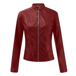 Chaqueta de cuero con cremallera para mujer 2026, estilo motociclista, ajustada, ligera, para motocicleta, tipo bomber, teñida lisa - Product Image 5