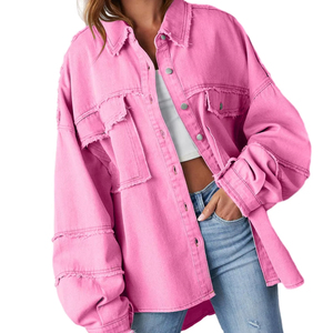 Pink Washed Distressed Frayed-Collar Loose Denim Jacket Streetwear Women's Long Sleeve Denim Jeans Jacket Men/Women Vintage - Product Image 4