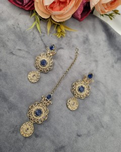 Round And Pear Cut Gemstone Necklace <b>Set</b> With Earrings And Mangtika Designer Fashion <b>Jewellery</b> Traditional Ethnic Wear Wholesale - Product Image 3