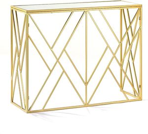 Mirror finish metal <b>console</b> <b>table</b> with <b>glass</b> top adds reflective beauty to elegant bedroom or hallway furniture decor - Product Image 4