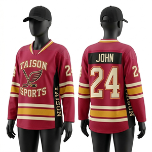 Maillot de hockey sur glace pour femmes de qualité supérieure, en maille polyester GSM, bordeaux et bleu marine, avec empiècements aux épaules, logo brodé personnalisé. - Product Image 2