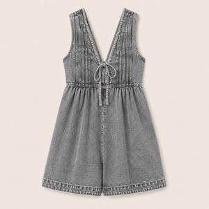 Mono vaquero sin mangas con cuello en V para mujer, con pliegues en el busto, cintura alta y cordón ajustable, ideal para playa y verano, venta al por mayor OEM ODM - Product Image 4
