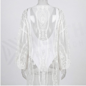 <b>White</b> Chiffon Lace Kimono With Deep V Neck And Tassel Detail For Women - Product Image 2
