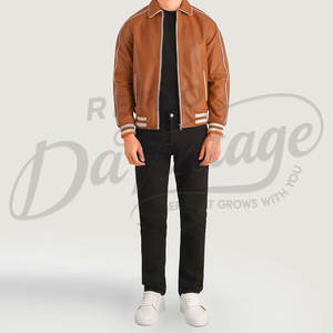 Chaqueta Bomber de Cuero Genuino Marrón para Hombre con Ribete Blanco, Cuello Camisero Clásico y Puños Acanalados a Rayas - Product Image 4