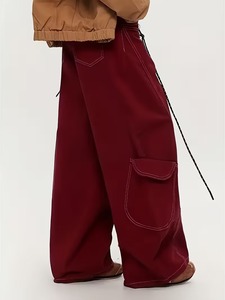 American Street-style <b>Burgundy</b> Wide-leg <b>Jeans</b> Are Simple Stylish Casual And Versatile with Contrast Stitching Decoration - Product Image 6