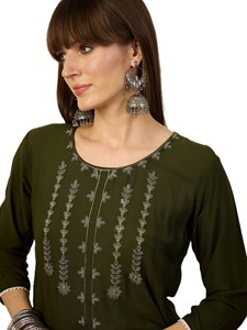 Kurti Tradicional Étnico Corto para Mujer, Viscosa Pura, Bordado Floral con Hilos, Corte Recto - Product Image 5