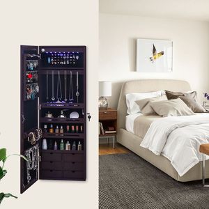 Armadietto Portagioie a Specchio Non Completamente Specchiato, da Parete in Legno, con 4 Ripiani, 6 Cassetti, 8 Luci LED Blu, Marrone Scuro YF - Product Image 2