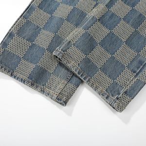 Jeans de mezclilla a cuadros de lujo para hombre, talla grande, diseño de tablero de ajedrez, estilo patchwork, corte holgado y recto, informal. - Product Image 5