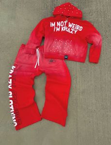 Ensemble sweat à capuche long 2 pièces rouge pour femme, coupe ample, manches longues, 100 % coton molletonné, streetwear toutes saisons, imprimé lettres - Product Image 1