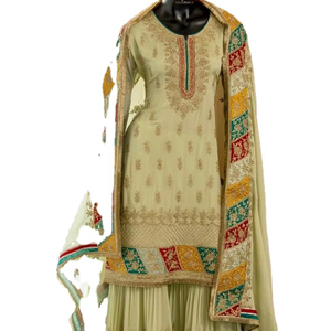 Traje indio Bollywood étnico cosido a mano, kameez de seda chinon con bordado elaborado, traje sharara salwar/traje palazzo para mujer, para invierno y verano. - Product Image 1