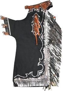 Chaps Vaqueros para Hombre de Cuero Negro con Flecos Plateados y Hebillas Naranjas Estilo Delantal de Montar - Product Image 2