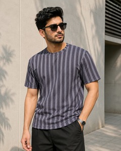 Nueva Camiseta Casual de Manga Corta con Cuello Redondo y Rayas para Hombre, Corte Regular, Camiseta con Patrón Tejido Informal para Hombre - Product Image 1