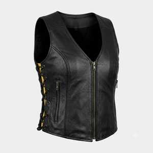 Gilet de motard en cuir véritable noir pour femme, fermeture éclair, motif uni, anti-plis, robuste, prêt pour la personnalisation - Product Image 2