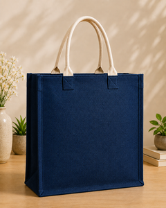 Sac fourre-tout en jute laminé bleu marine 45x18x40 cm avec broderie de feuilles, poignées rembourrées en coton, capacité 32L, poche zippée - Product Image 6