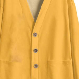 เสื้อคลุมคาร์ดิแกนคอวีสำหรับผู้หญิง สีเหลือง ทำจากผ้าขนสัตว์/แคชเมียร์ สำหรับใส่ไปโรงเรียน |   เสื้อถักแขนยาวกันหดตัว |   ชุดยูนิฟอร์มฤดูหนาวลำลองแบบสบายๆ ด้านหน้า - Product Image 4