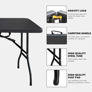 Tavolo Pieghevole Portatile Nero da 6 Piedi, Alta Capacità di Carico, Tavolo in Plastica per Campeggio, Picnic e Feste - Product Image 3