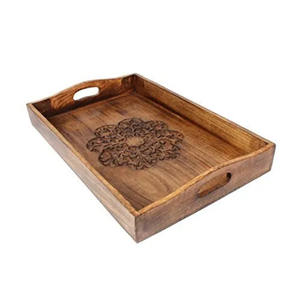 Plateau de service décoratif en bois marocain artisanal, finition vieillie, rectangulaire, pour table basse ottoman, usage domestique - Product Image 5
