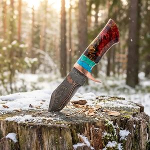 Cuchillo de caza y desollado de acero de Damasco forjado a mano, hoja recta con punta caída, mango de resina y madera, espiga completa, 3 años de garantía - Product Image 5