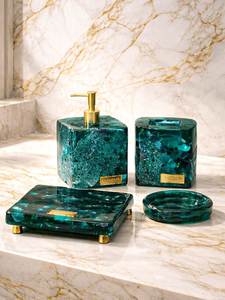 Chic Resin Gold Foil Bathroom Accessories Set Soap Dispenser <b>Toothbrush</b> <b>Holder</b> Soap Dish Vanity Organizer Set Hotel Home Decor - Product Image 5