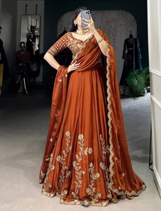 Lehenga semi-cousu en soie ornée KV Orange Art Silk et chemisier non cousu avec dupatta, collection traditionnelle d'automne - Product Image 6