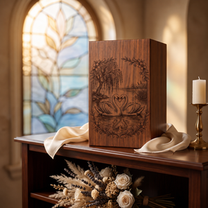 Wooden Urn <b>Memorial</b> <b>Keepsake</b> <b>Box</b> Swan Floral Engraved Cremation Ash Holder Remembrance Gift - Product Image 1