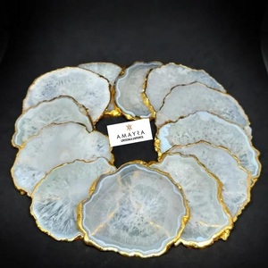 Natural Agate <b>White</b> Gemstone Coaster <b>Clock</b> Crystal Slices Golden Border Plated Polished Circle Waterproof Home Decor Gujarat - Product Image 4