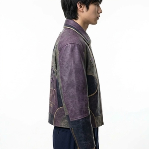 เสื้อแจ็คเก็ตหนังสีม่วงสำหรับผู้ชาย สไตล์ไบค์เกอร์ ลายกราฟิกมงกุฎสายฟ้า ปักลาย คอปกพับได้ เสื้อนอก - Product Image 3