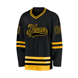 Maillot de hockey sur glace noir et jaune pour hommes, col en V, manches longues, logo des équipes brodé, en maille polyester respirante, vente en gros - Product Image 1