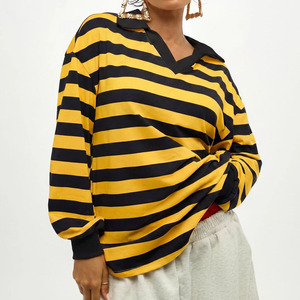 Chemise à manches longues rayée style rugby pour femmes grandes tailles, col en V surdimensionné, tricot en coton, haut décontracté respirant, chemises à manches longues - Product Image 5