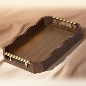 Premium Wooden Serving Tray with Gold Metal Handles Decorative Scalloped Edge <b>Coffee</b> <b>Table</b> Tray Home Hotel Restaurant - Product Image 1
