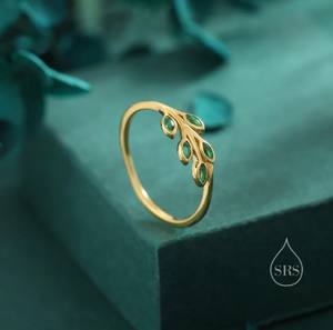 แหวนใบไม้เงินแท้ประดับเพชร CZ สีเขียว แหวนใบมะกอกขนาดเล็ก แหวนใบไม้ที่ได้รับแรงบันดาลใจจากธรรมชาติ แหวนใบไม้สีเขียว - Product Image 5
