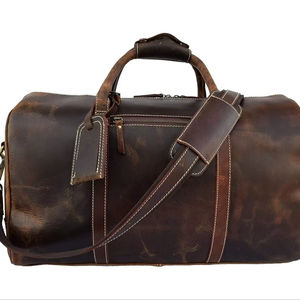 Sac de voyage vintage en cuir véritable grande capacité, sac de week-end, sac de nuit, avec fermeture éclair, bandoulière portable, durable, marron, pour la gym - Product Image 1