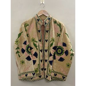 Hand Embroidered Velvet Knitted Cotton <b>Jacket</b> <b>Women</b> Mandarin Collar Full Sleeve Floral Pattern Open Front Prairie Winter/<b>Spring</b> - Product Image 1