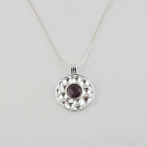 Classic Round Amethyst Quartz Pendant Necklace with Hammered Texture Silver Plated <b>Box</b> Chain Unisex Everyday Jewelry Necklace - Product Image 4