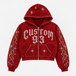 Custom Rhinestone Zip up <b>Hoodie</b> Streetwear Design Heavyweight Cotton Cropped Boxy Fit Premium Graphic Custom Logo Men <b>Hoodie</b> - Product Image 2